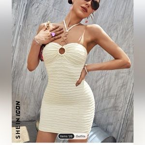 O ring halter neck backless dress in beige